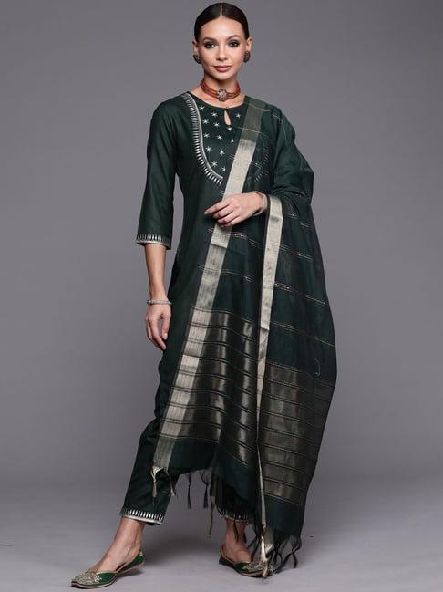 indo era green embroidered kurta pant set with dupatta