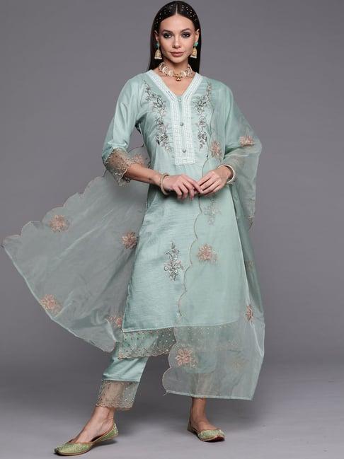 indo era green embroidered kurta pant set with dupatta