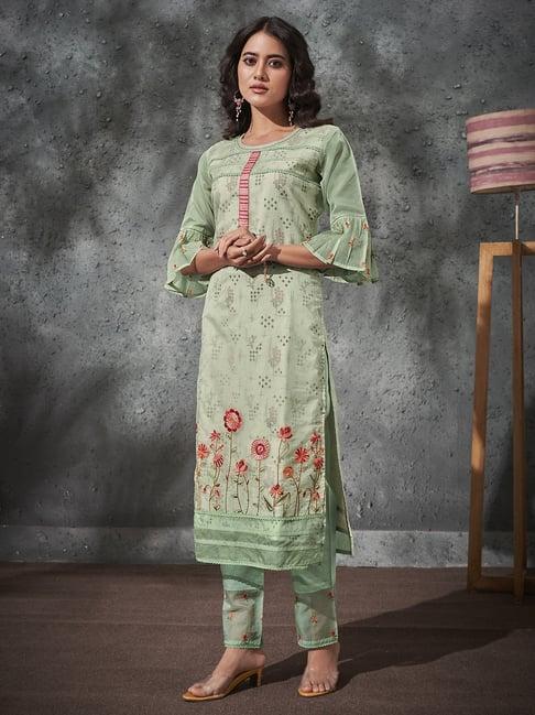 indo era green embroidered kurta pant set