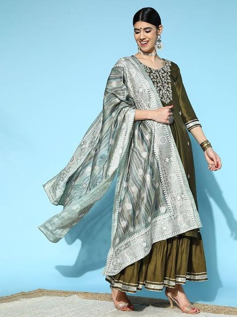 indo era green embroidered kurti sharara set with dupatta