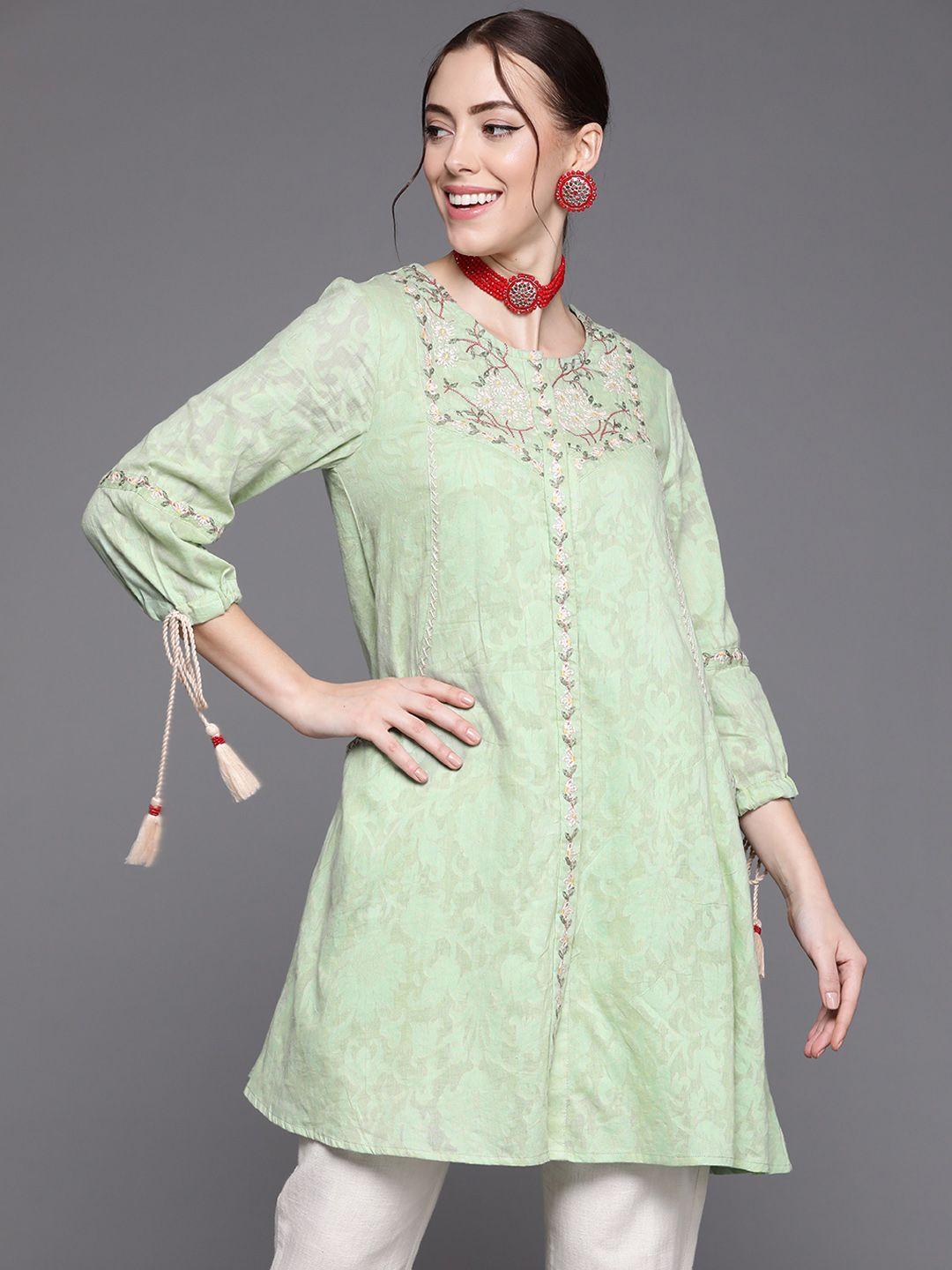 indo era green floral embroidered kurti