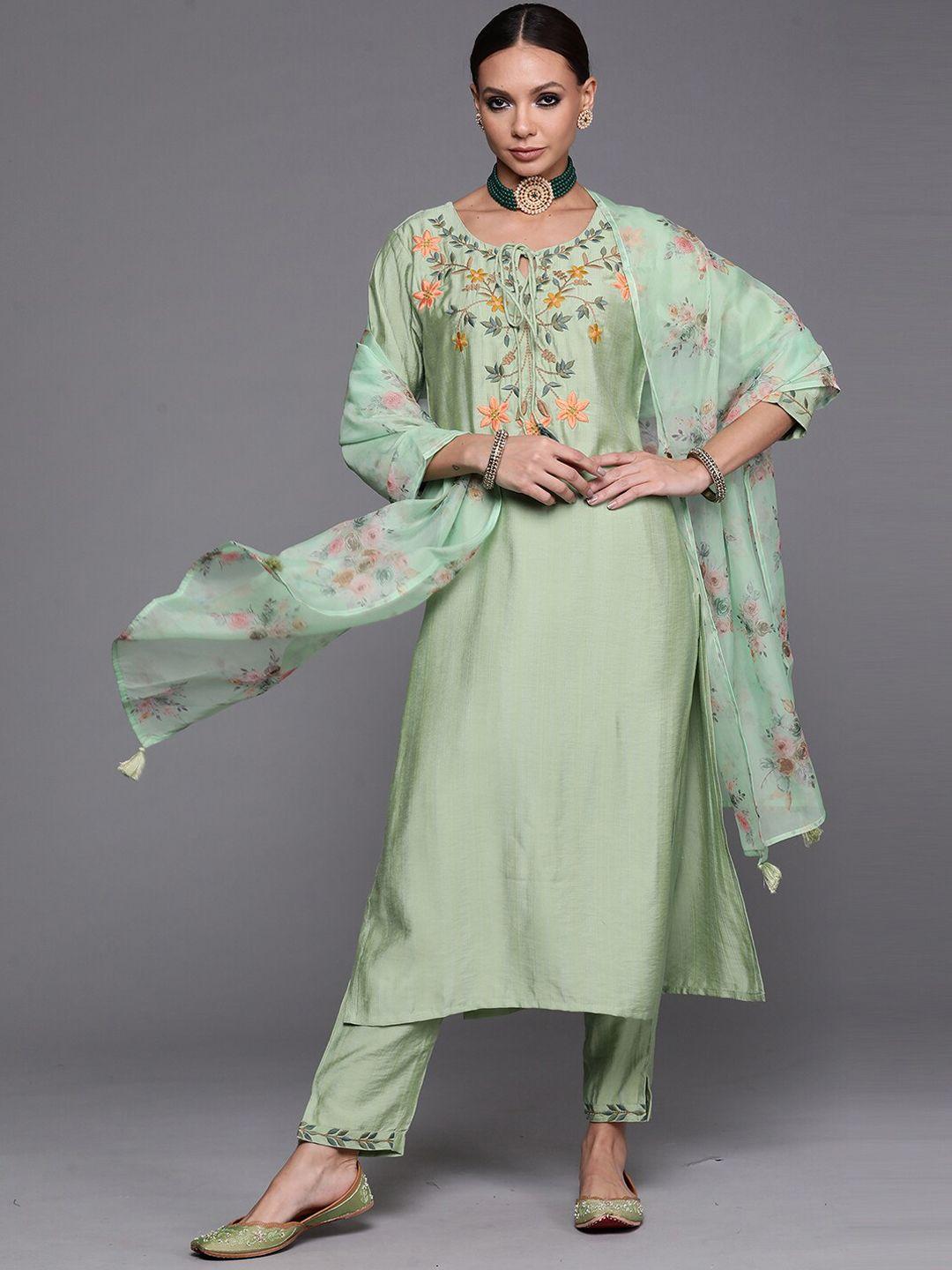 indo era green floral embroidered tie-up neck kurta with trousers & dupatta