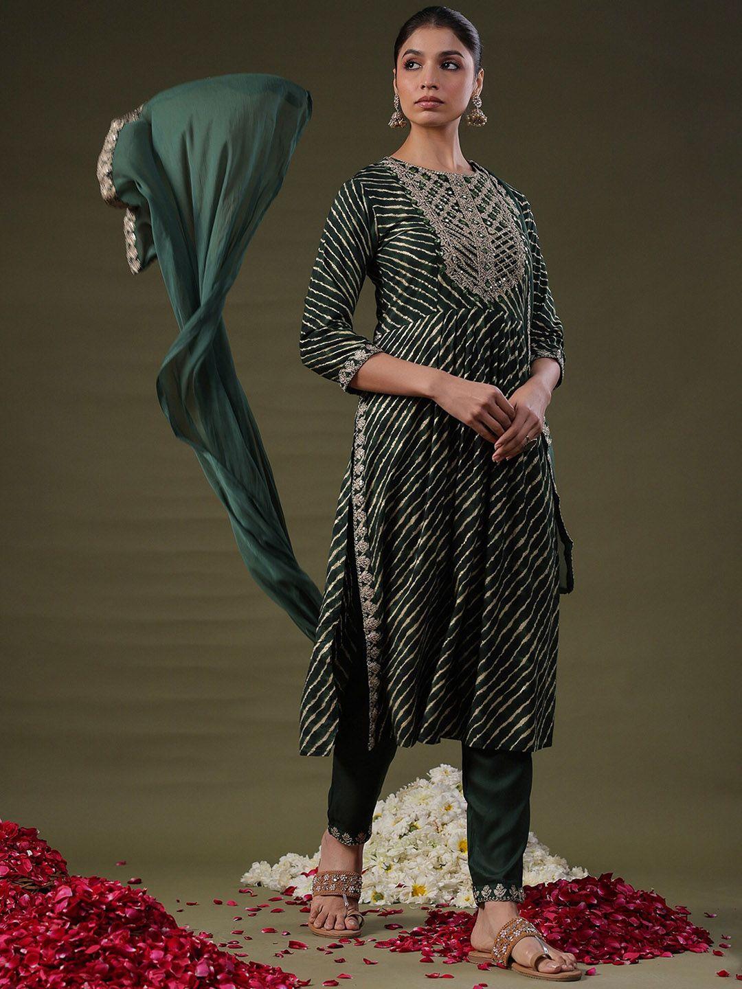 indo era green leheriya printed empire sequinned a-line kurta with trousers & dupatta