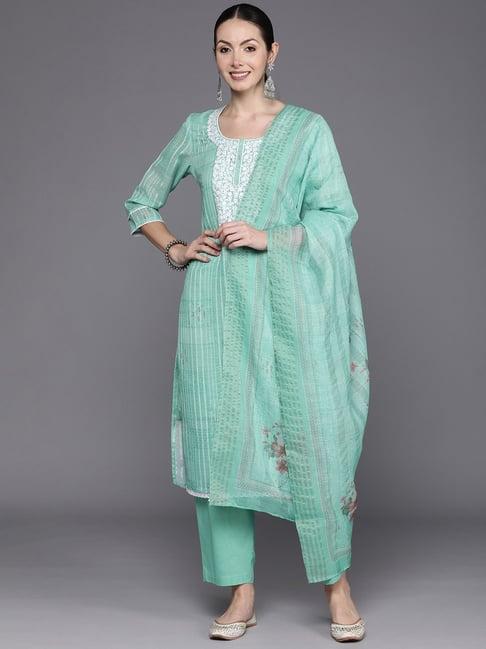 indo era green linen embroidered kurta pant set with dupatta