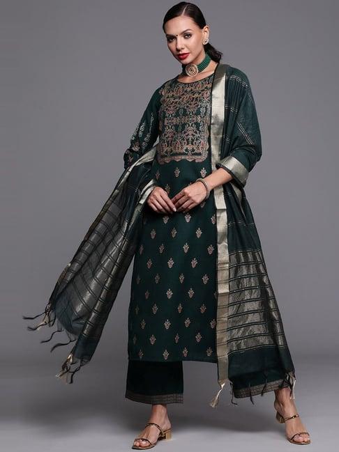 indo era green printed kurta palazzo set with dupatta