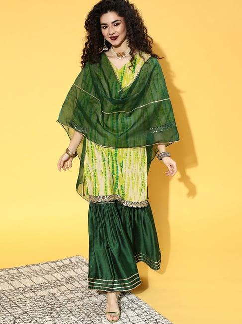 indo era green printed kurta sharara set with dupatta