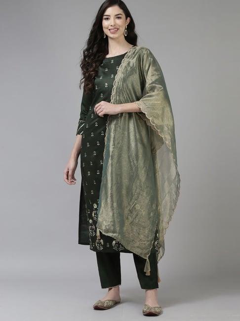 indo era green pure cotton embroidered kurta pant set with dupatta