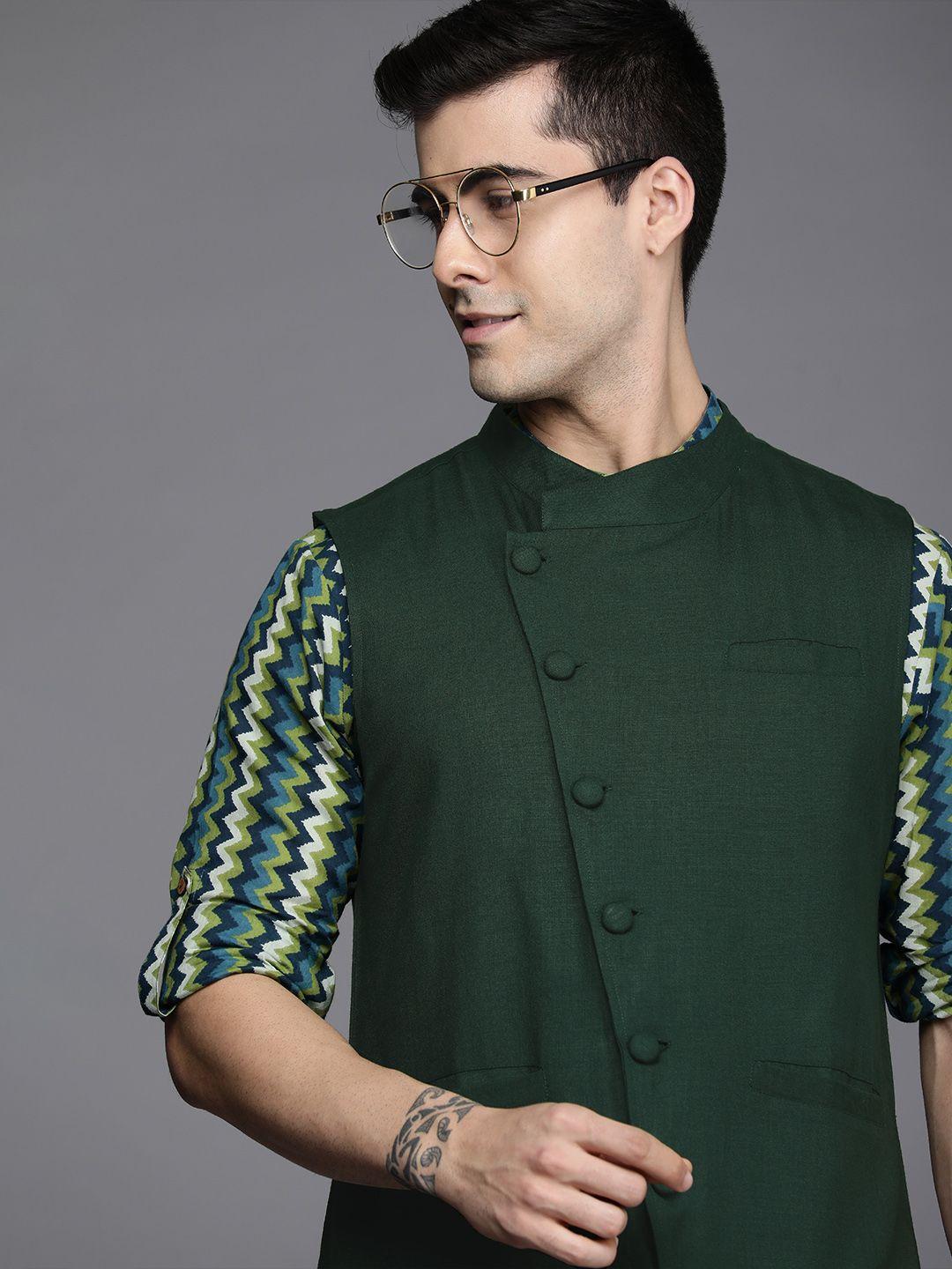 indo era green solid nehru jacket