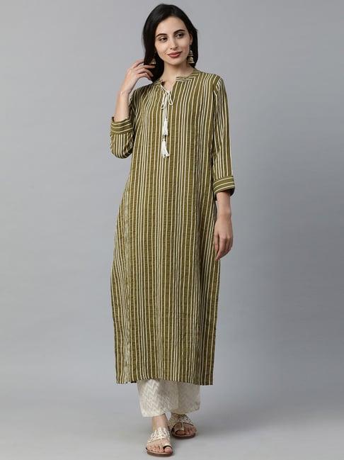 indo era green striped kurta