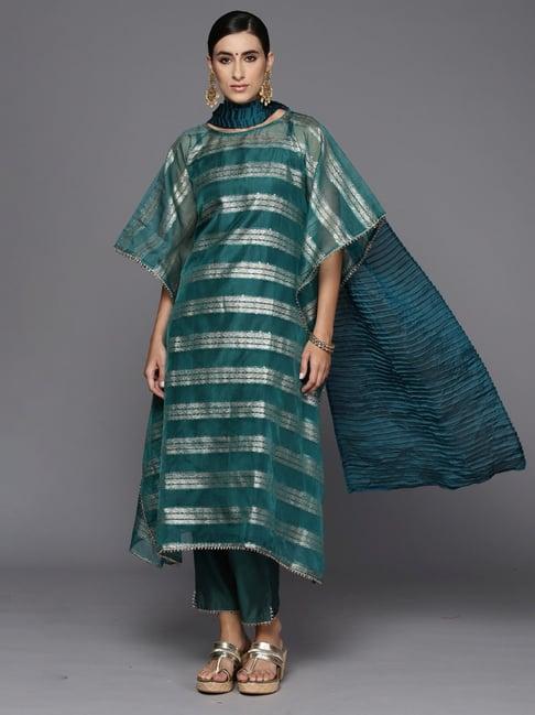 indo era green woven pattern kaftan pant set with dupatta