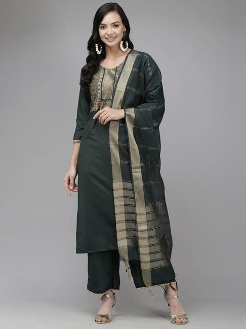 indo era green woven pattern kurta palazzo set with dupatta