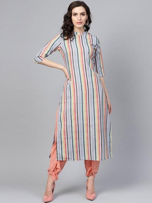 indo era grey & peach cotton striped straight kurta