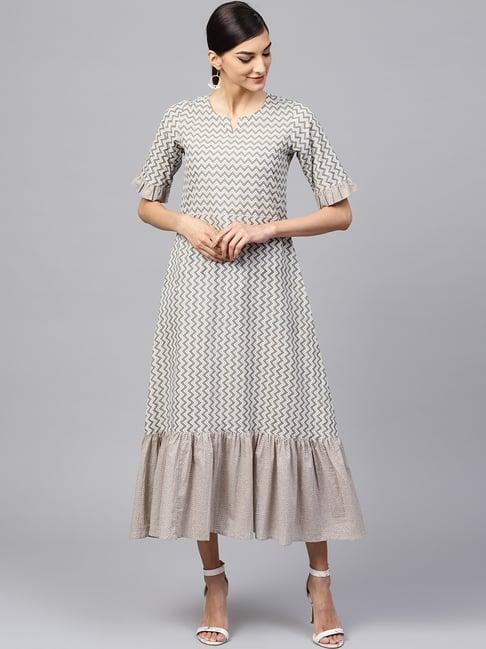 indo era grey cotton printed a-line dress