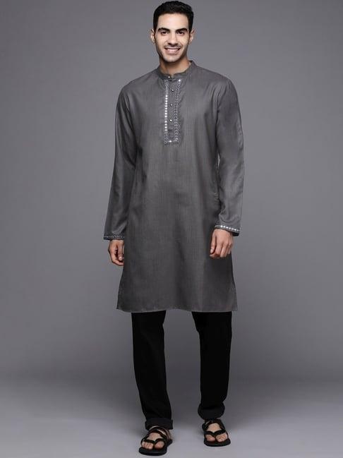 indo era grey cotton regular fit embellished kurta