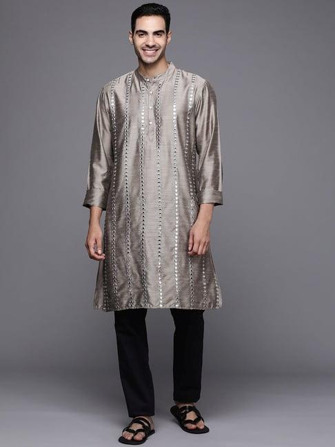 indo era grey cotton regular fit embellished kurta