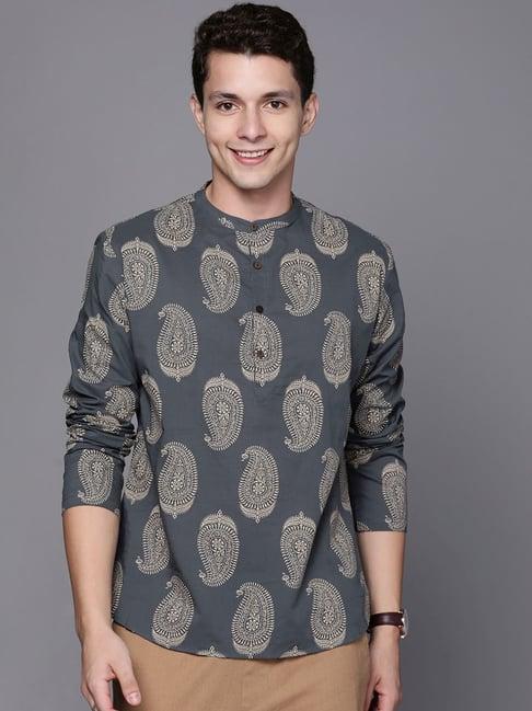 indo era grey cotton regular fit printed short kurta