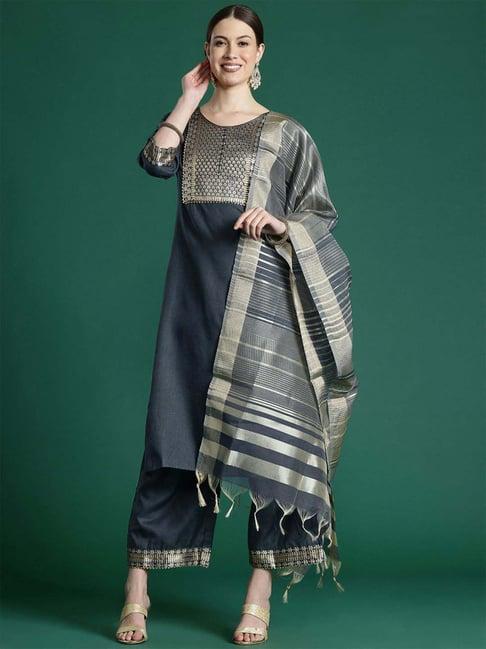 indo era grey cotton woven kurta pant set with dupatta