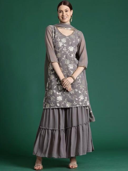 indo era grey embellished kurti sharara set with dupatta