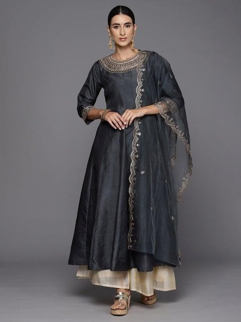 indo era grey embroidered anarkali kurta with dupatta