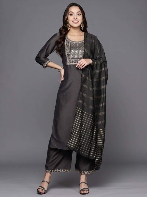 indo era grey embroidered kurta palazzo set with dupatta