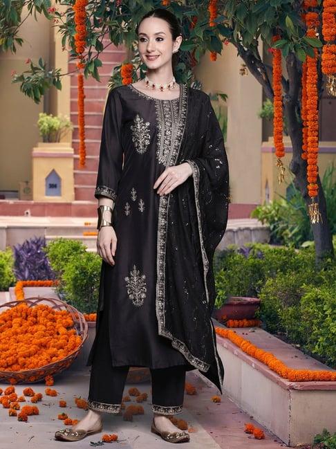 indo era grey embroidered kurta palazzo set with dupatta