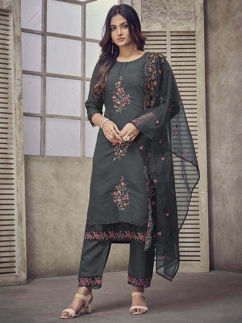 indo era grey embroidered kurta pant set with dupatta