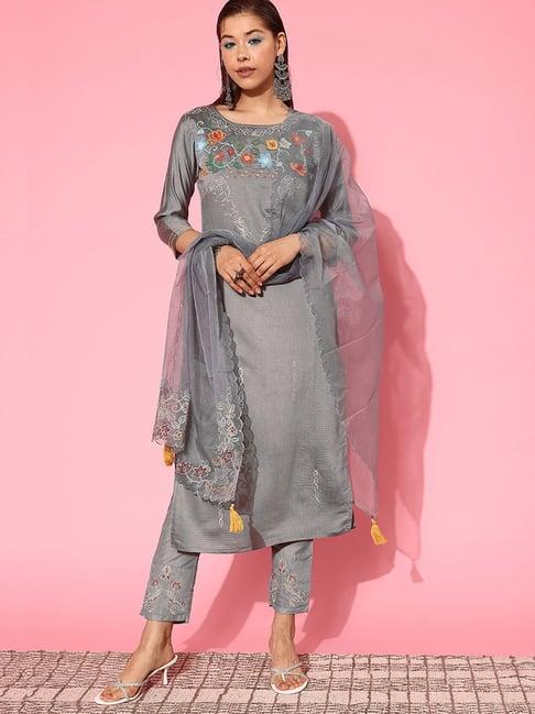 indo era grey embroidered kurta pant set with dupatta