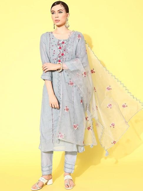 indo era grey embroidered kurta pant set with dupatta