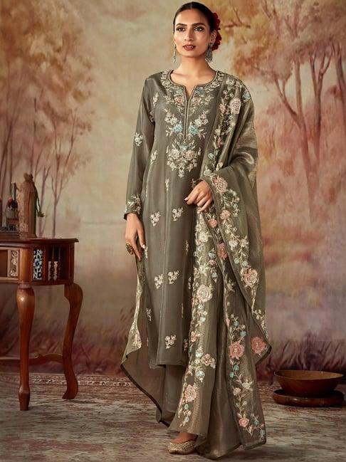 indo era grey embroidered kurta pant set with dupatta