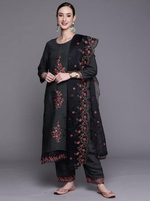 indo era grey embroidered kurta pant set with dupatta