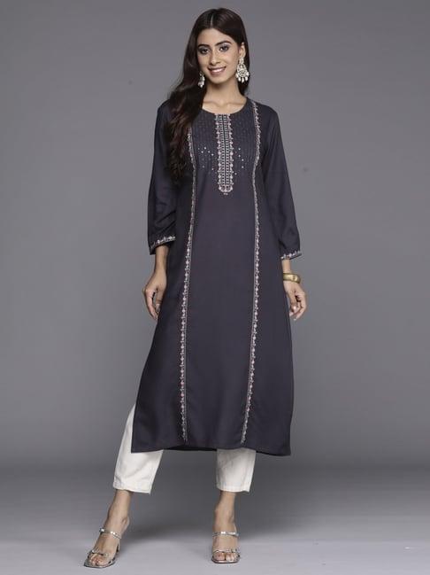 indo era grey embroidered straight kurta