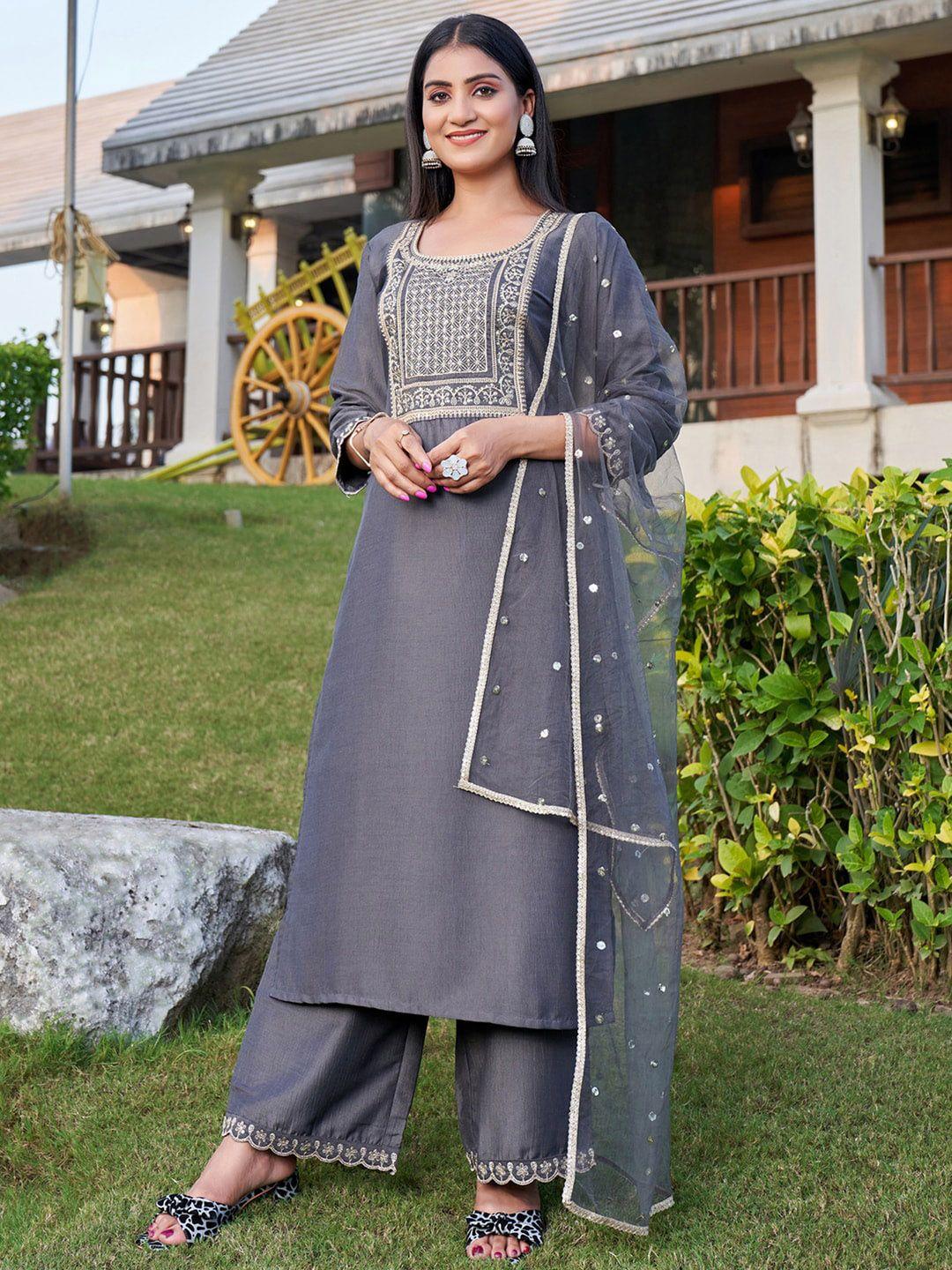 indo era grey floral embroidered yoke sequinned straight kurta & palazzos with dupatta