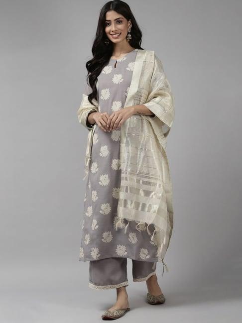 indo era grey printed kurta palazzo set with dupatta