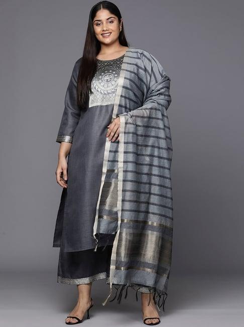 indo era grey woven pattern kurta palazzo set with dupatta