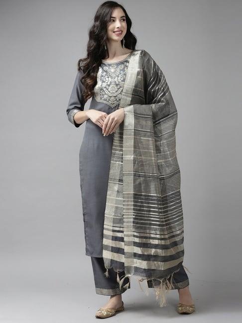 indo era grey woven pattern kurta palazzo set with dupatta