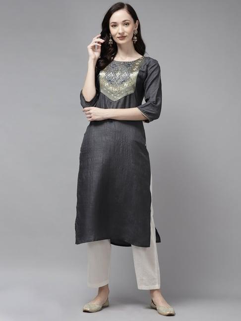 indo era grey woven pattern straight kurta