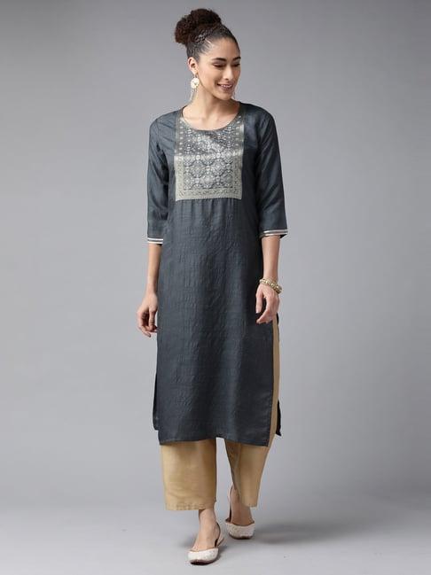 indo era grey woven pattern straight kurta