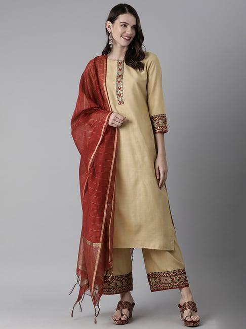 indo era khaki kurta with palazzo & dupatta