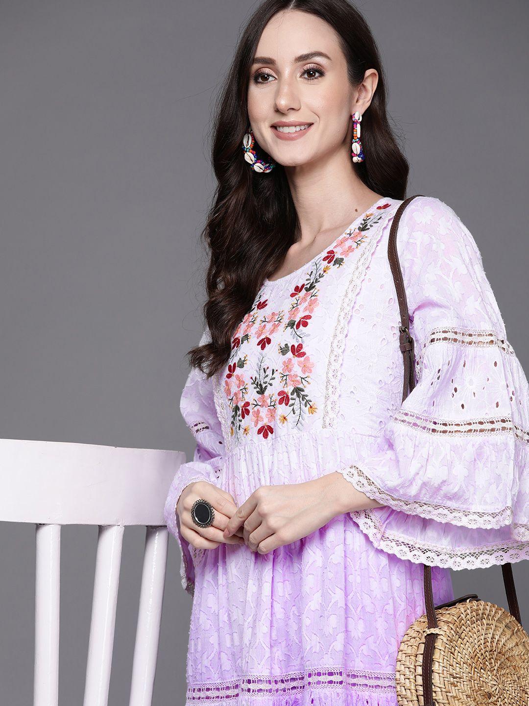 indo era lavender floral embroidered a-line dress