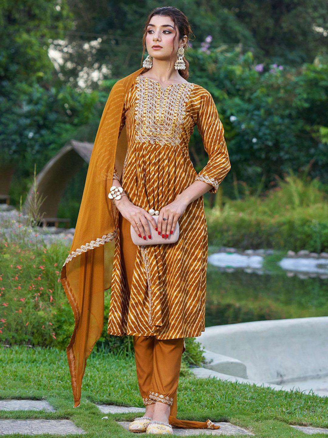 indo era leheriya printed embroidered empire sequinned kurta with trousers & dupatta