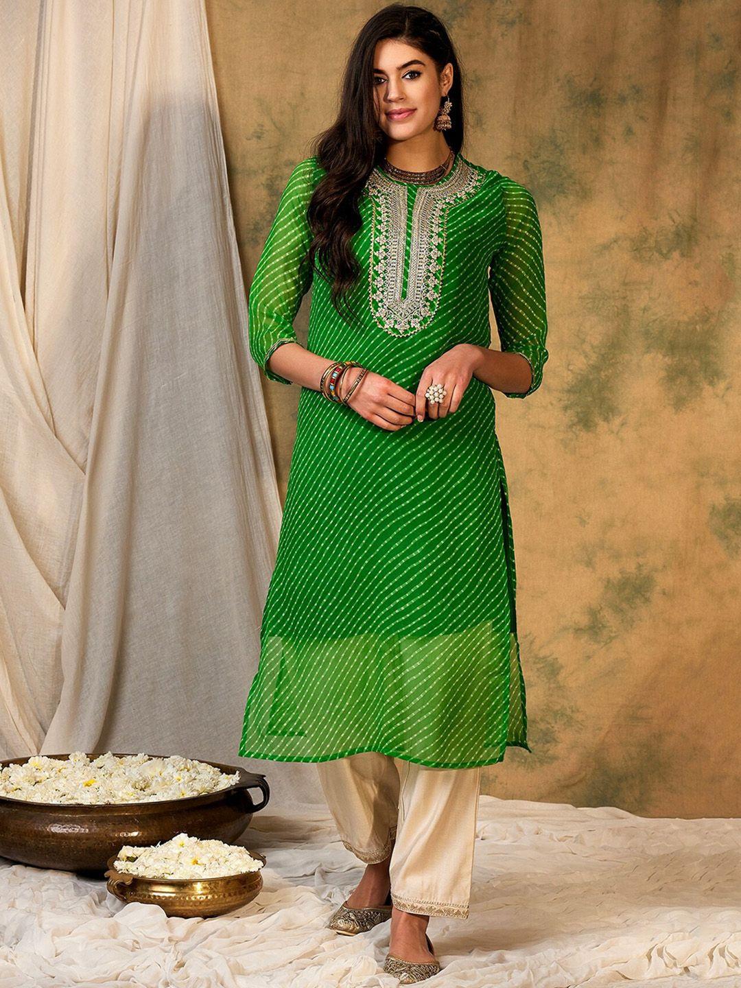 indo era leheriya printed round neck sequined straight georgette kurta