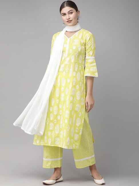 indo era lime yellow printed kurta with palazzo & dupatta