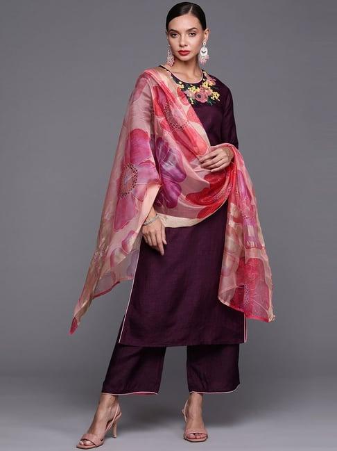 indo era magenta embroidered kurta palazzo set with dupatta