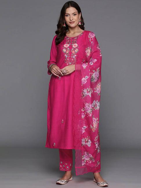 indo era magenta embroidered kurta with pant & dupatta