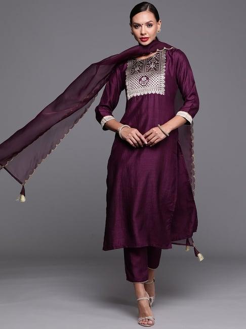 indo era magenta woven pattern kurta pant set with dupatta