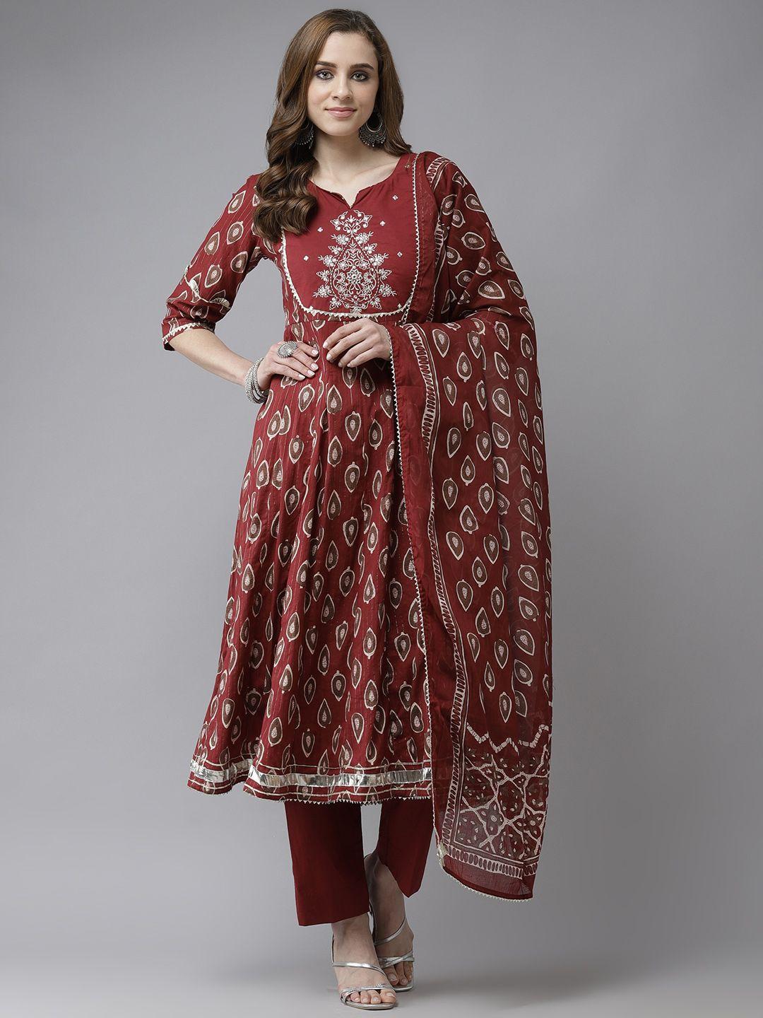 indo era maroon & beige ethnic embroidered panelled anarkali kurta trousers & dupatta