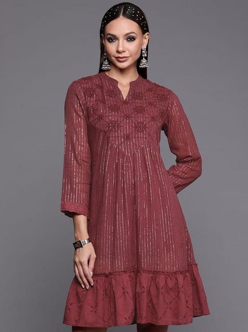 indo era maroon cotton embroidered a-line dress