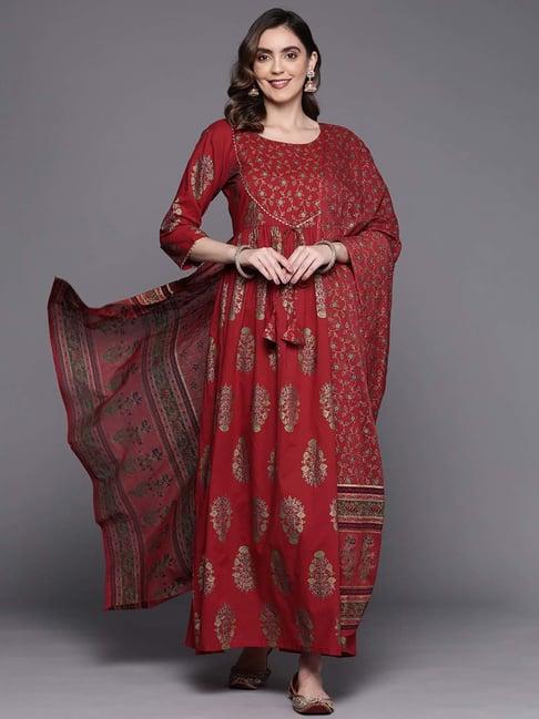 indo era maroon cotton printed maxi dress with dupatta