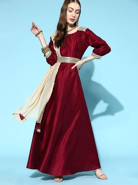 indo era maroon embellished anarkali kurta with dupatta & belt