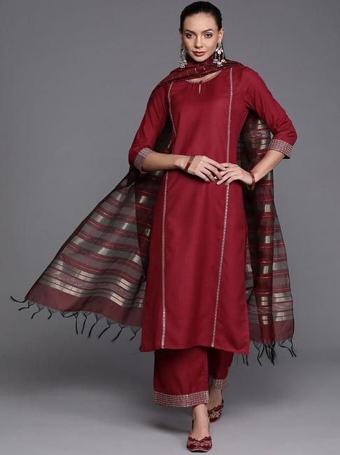 indo era maroon embellished kurta palazzo set with dupatta